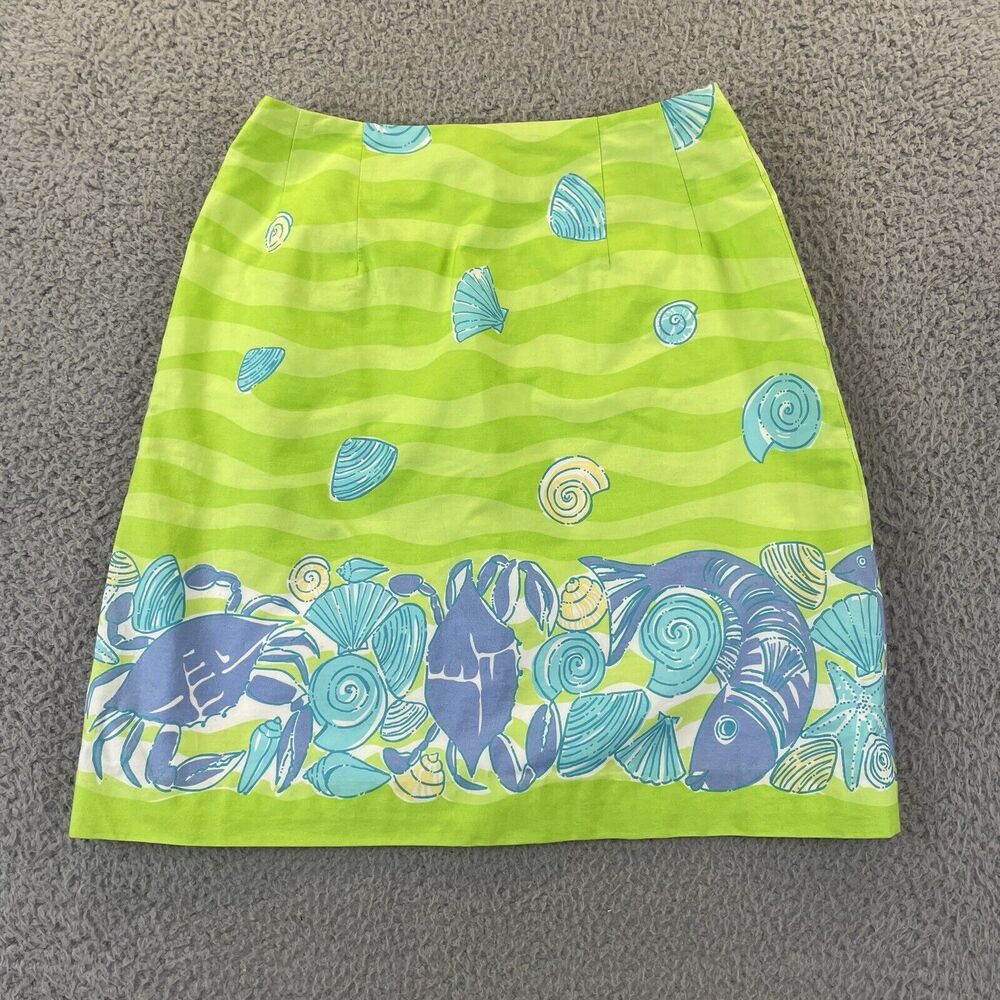 Lilly Pulitzer Skirt 0P Beachy Seashell Crab Print A-Line Skirt Green Blue VTG